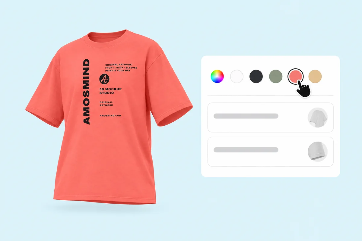 The boxy T-shirt turned coral and seen from an angle, beside the garment color panel