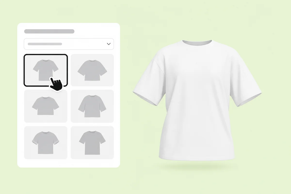 Choosing a boxy T-shirt in the mockup panel, beside the blank white shirt