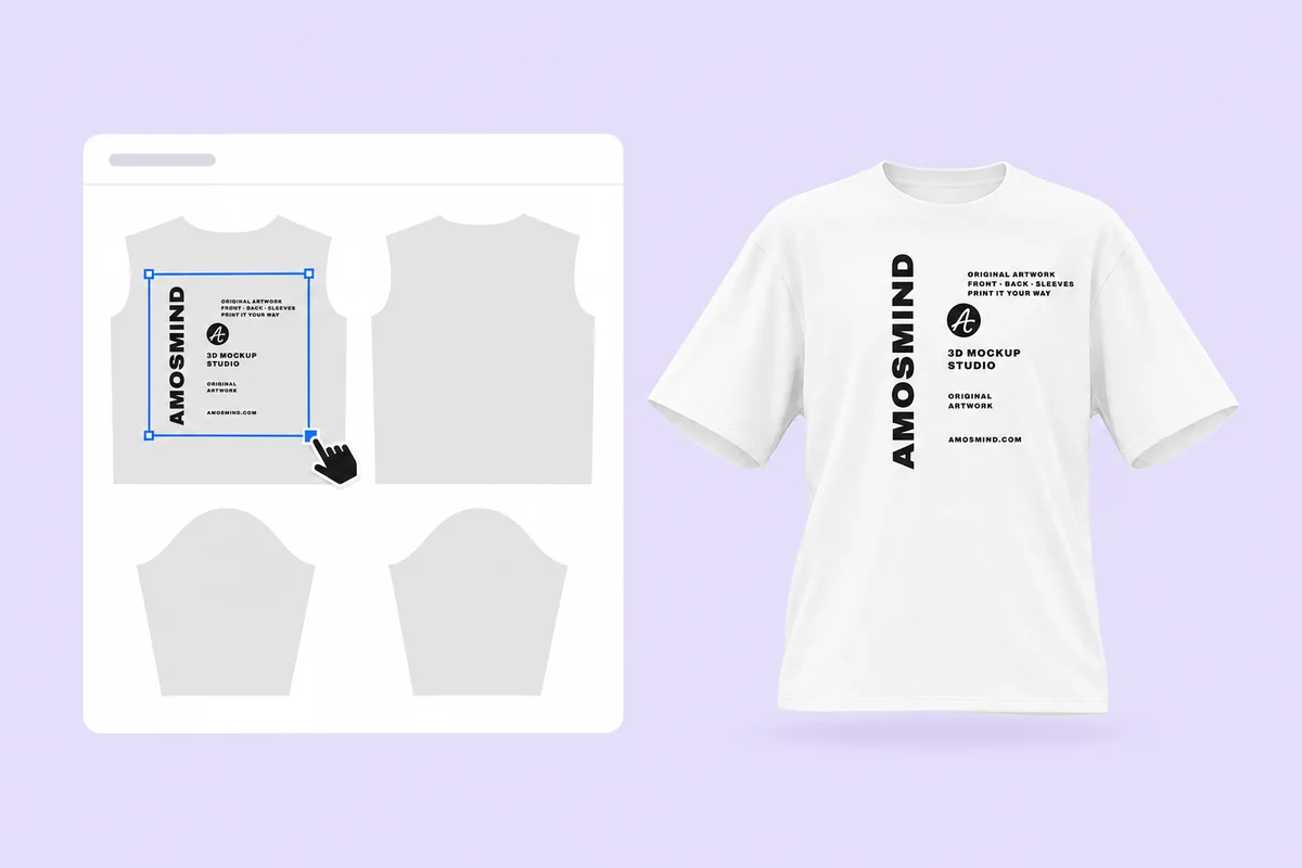 Scaling AmosMind artwork on the front piece of the boxy T-shirt, with the print showing on the shirt