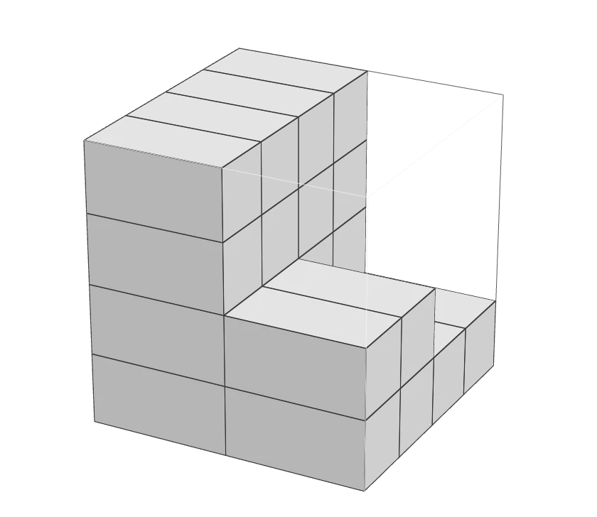 One cubic meter drawn as a wire frame, with cartons stacked inside