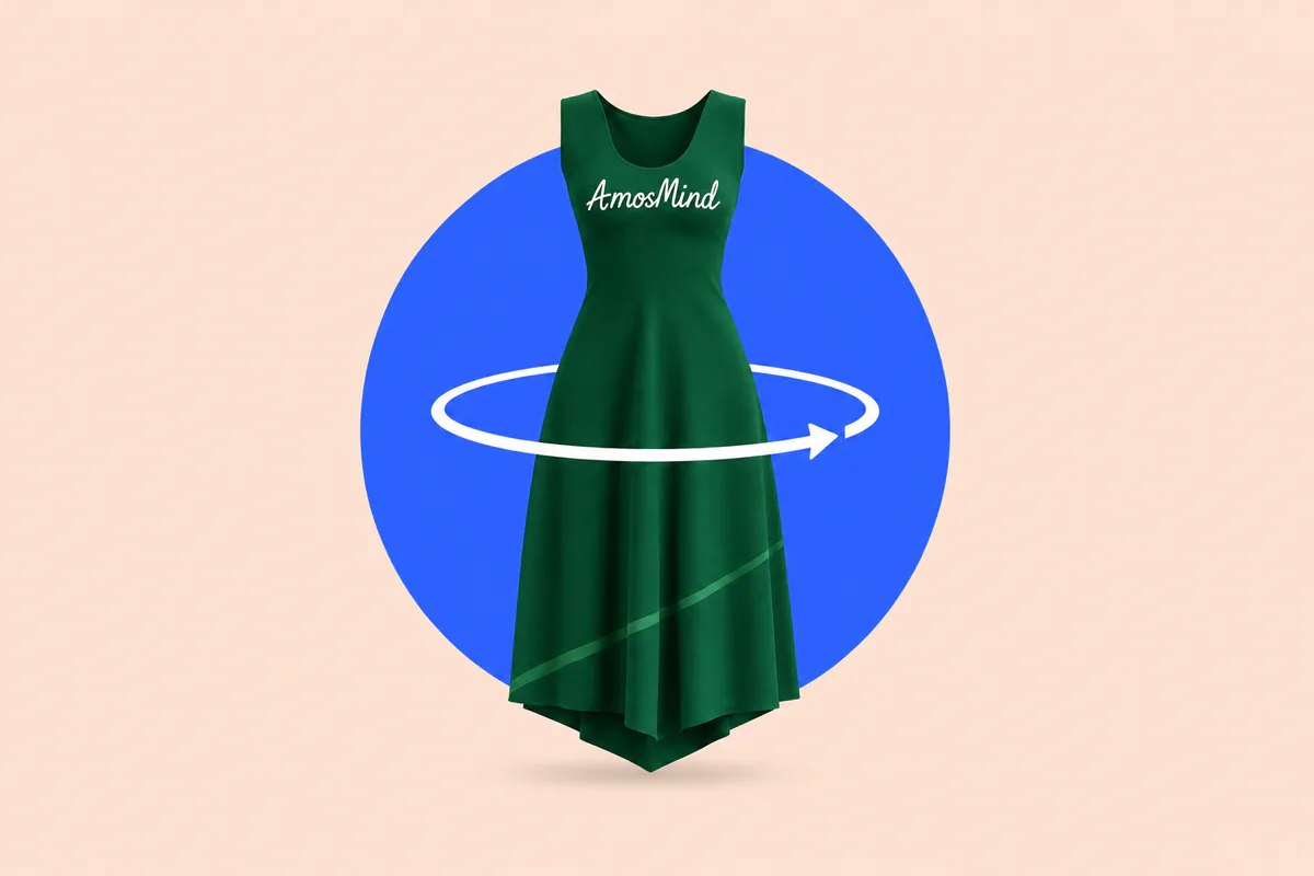 Green sleeveless dress shown as a 3D garment with a rotate arrow