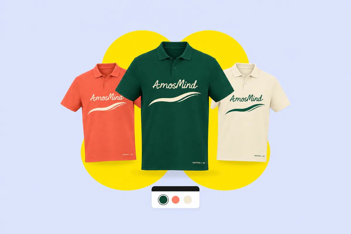 The same polo shirt in coral, dark green and cream with color swatches
