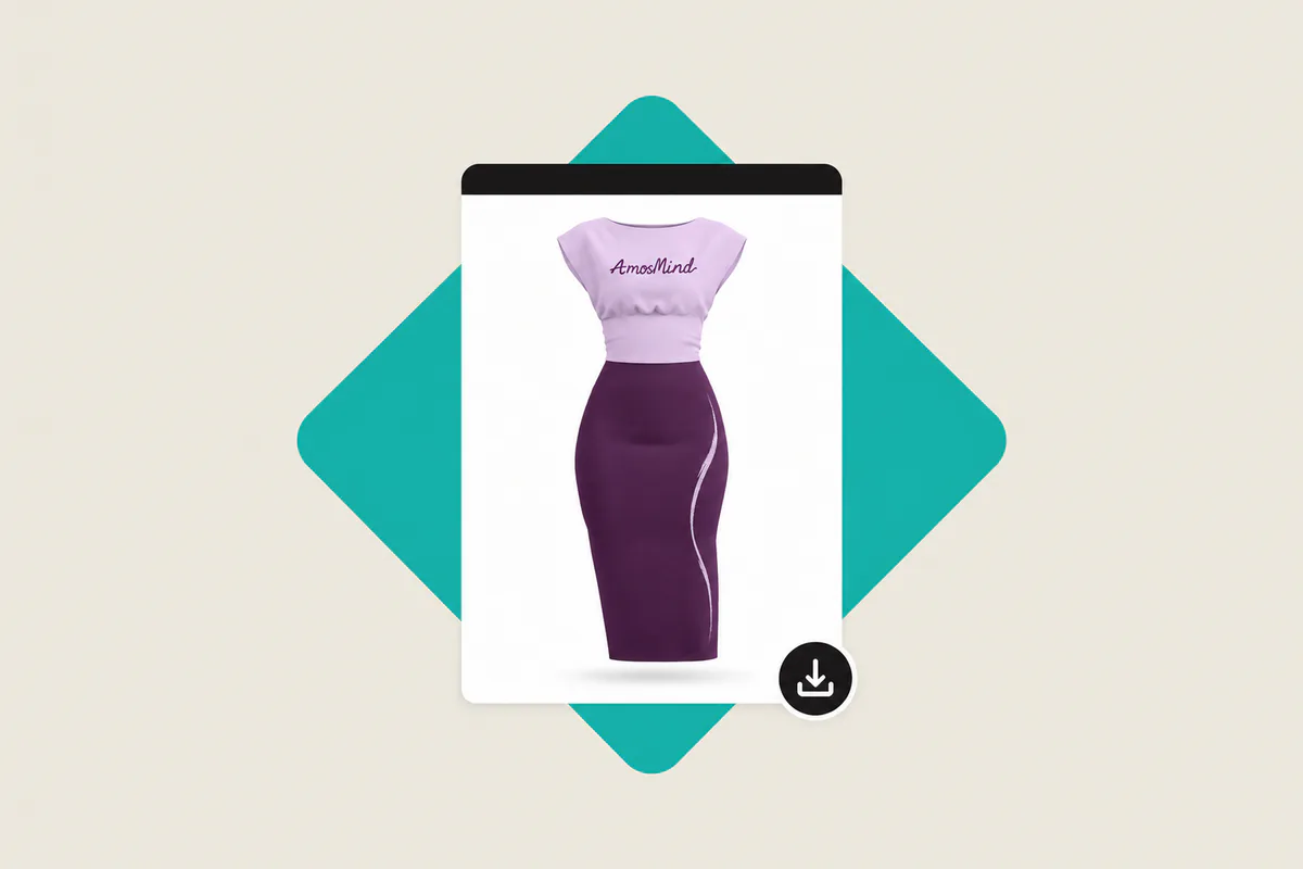 A rendered image of a lilac top and purple skirt with a download button