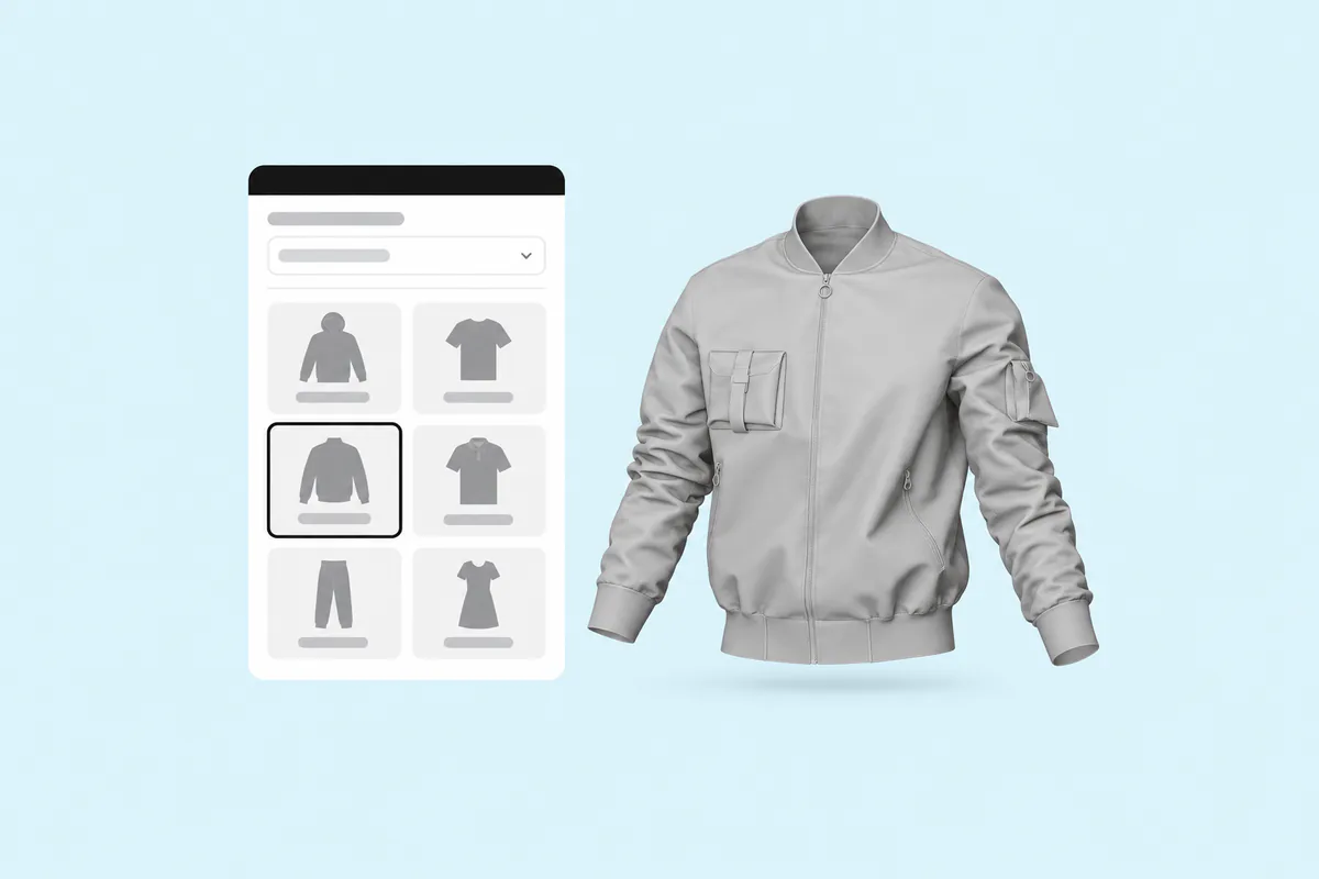A garment panel with a bomber jacket selected next to the blank jacket