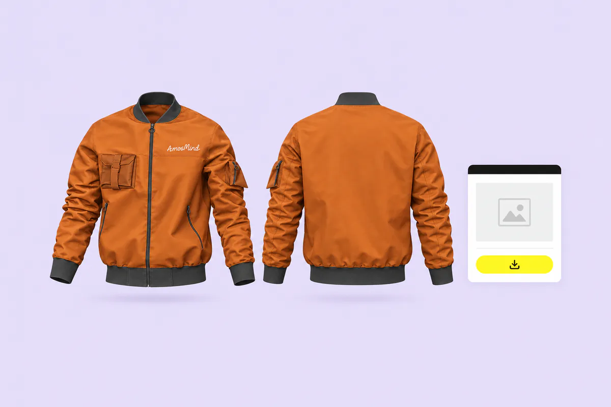 Front and back views of the orange bomber jacket next to an export card