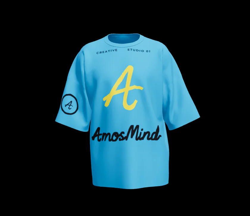 Oversized drop-shoulder T-shirt mockup in sky blue with a yellow A and the AmosMind script on the chest
