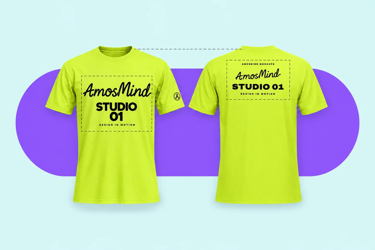 The front and back of a lime classic crew-neck T-shirt side by side, with dashed boxes around the two prints and a guide line at the collar