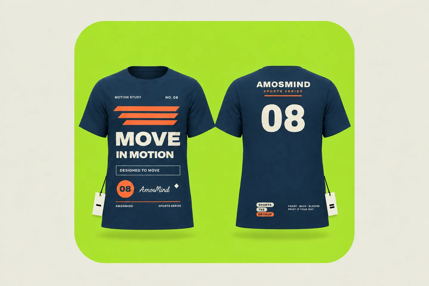 The front and back of a navy sports T-shirt, each with a hang tag: one bar on the front, two bars on the back