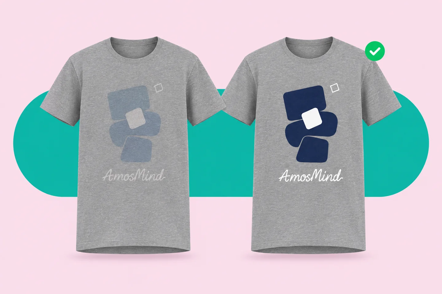 The same print on two grey T-shirts: a mid-grey and dusty blue version that almost vanishes, and a navy and white version that stays clear
