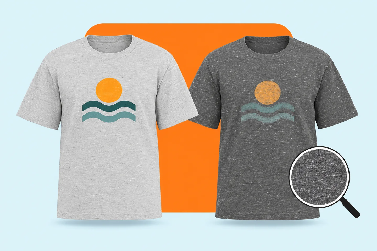 The same chest graphic on a light heather and a dark heather T-shirt, with a magnifying glass showing the flecked knit