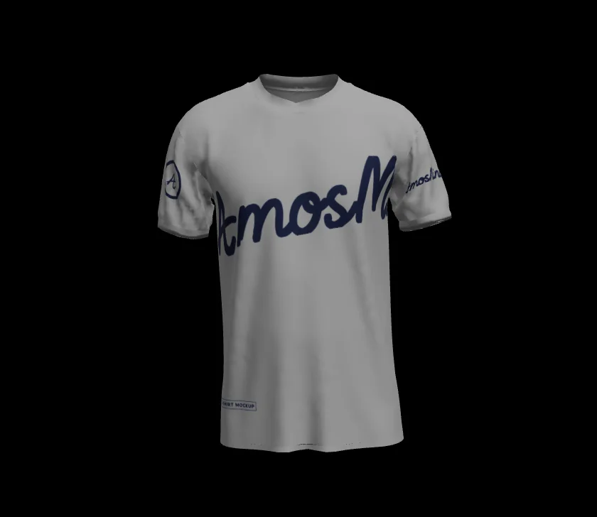 Grey classic crew-neck T-shirt mockup with an oversized navy AmosMind script across the front