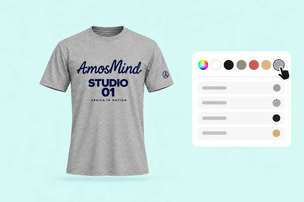 The grey T-shirt with its navy artwork beside the garment color panel, a grey swatch selected
