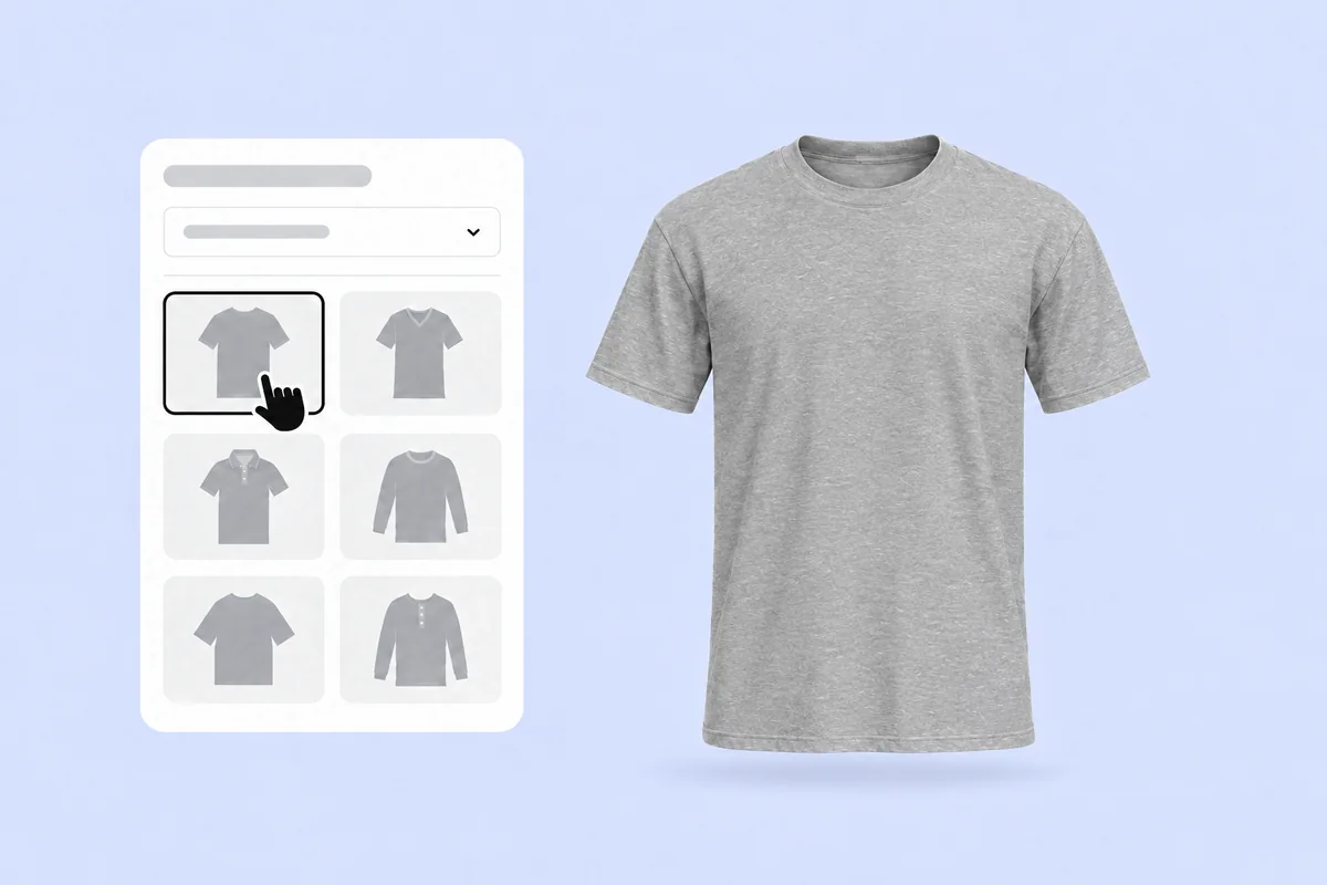 Choosing the classic crew-neck T-shirt in the mockup panel, already in grey