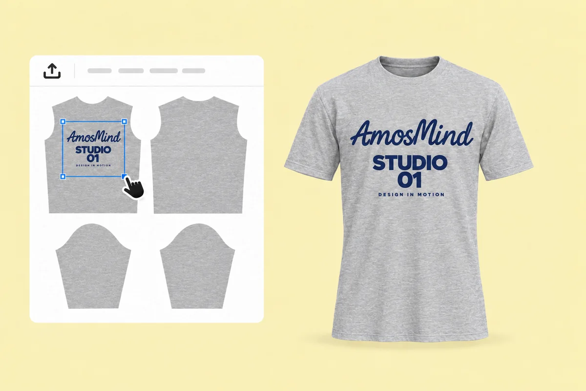 Placing navy AmosMind artwork on the front piece of the grey T-shirt