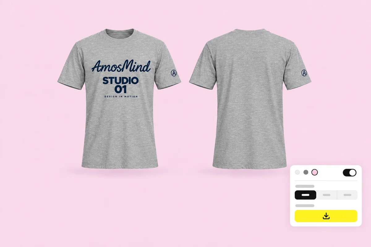 Front and back renders of the grey T-shirt on a pink background with the export settings