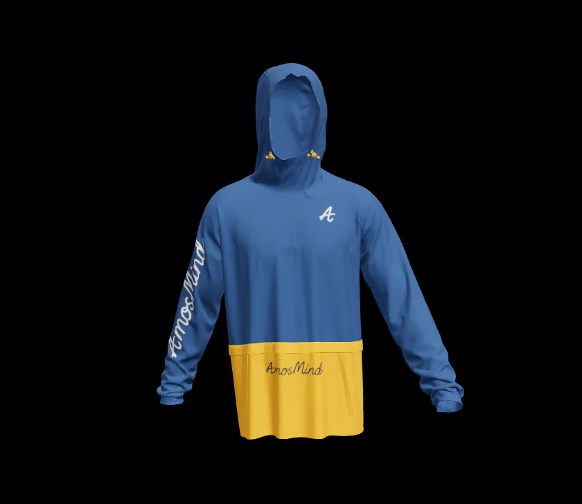 Blue and yellow oversized hoodie mockup with AmosMind artwork