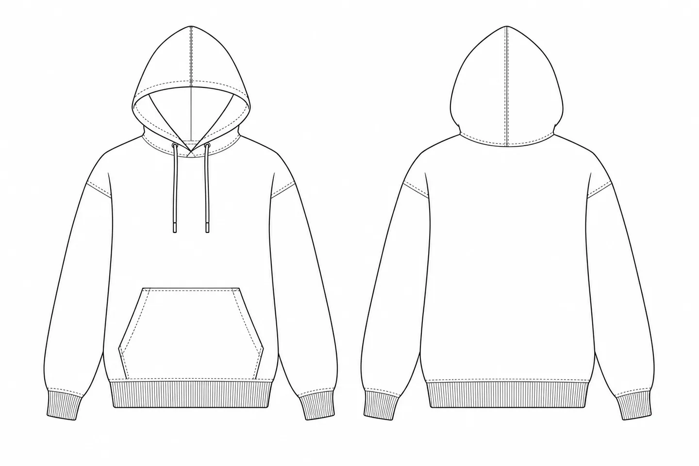 Print areas on a pullover hoodie, front and back