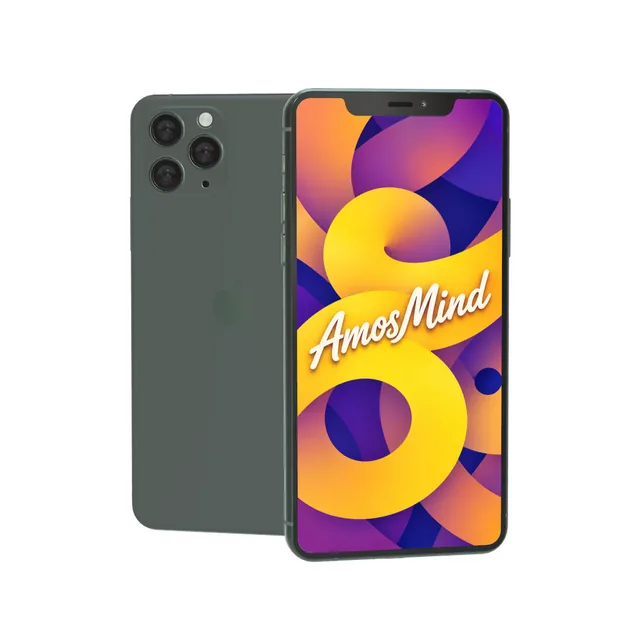 iPhone 11 Pro mockup with AmosMind artwork