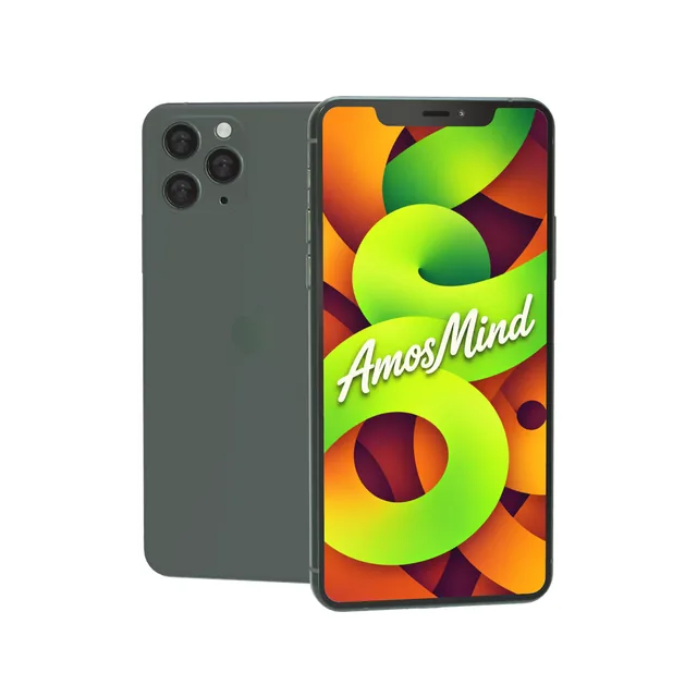 iPhone 11 Pro mockup with AmosMind artwork