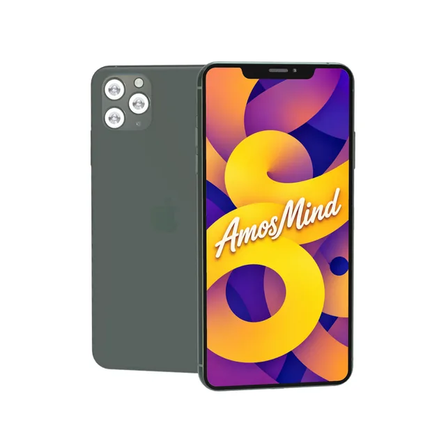 iPhone 11 Pro Max mockup with AmosMind artwork