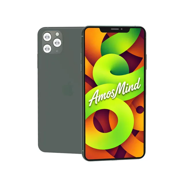 iPhone 11 Pro Max mockup with AmosMind artwork