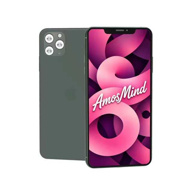 iPhone 11 Pro Max mockup with AmosMind artwork