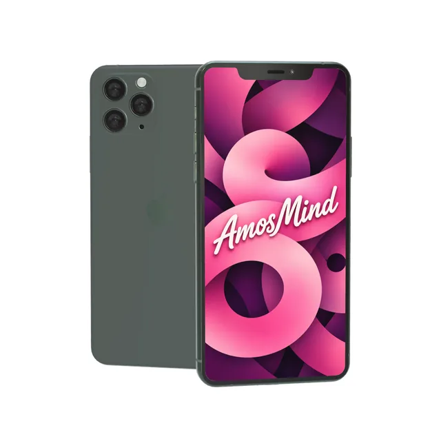 iPhone 11 Pro mockup with AmosMind artwork