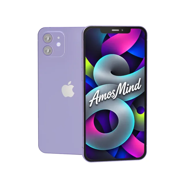iPhone 12 mockup with AmosMind artwork