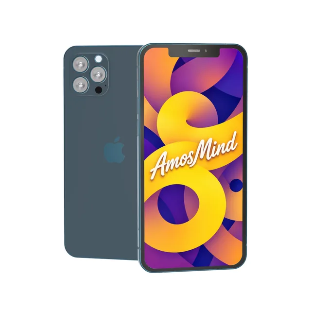 iPhone 12 Pro mockup with AmosMind artwork