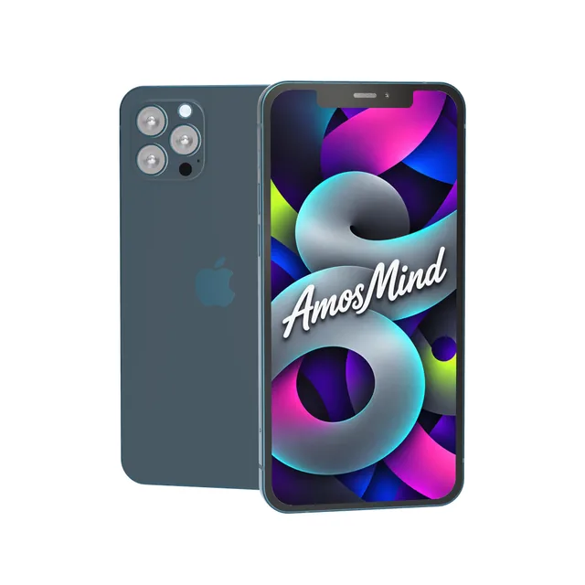iPhone 12 Pro mockup with AmosMind artwork