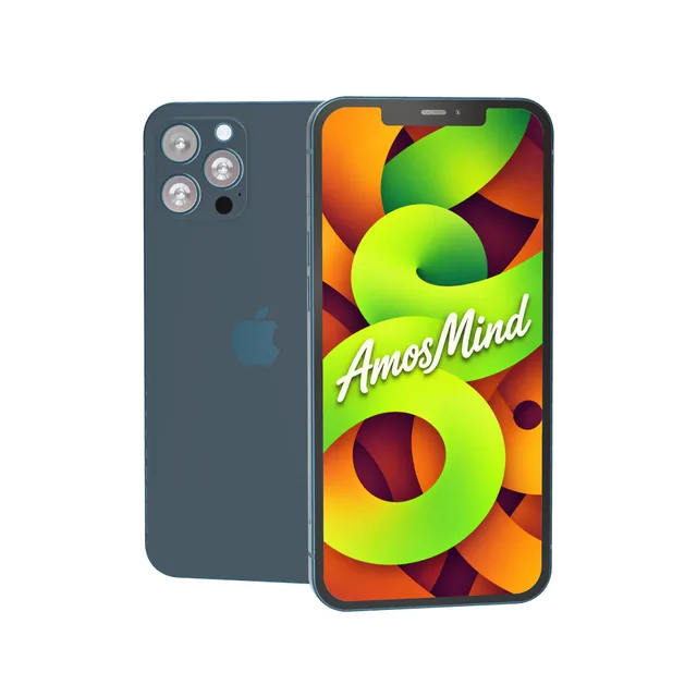 iPhone 12 Pro Max mockup with AmosMind artwork