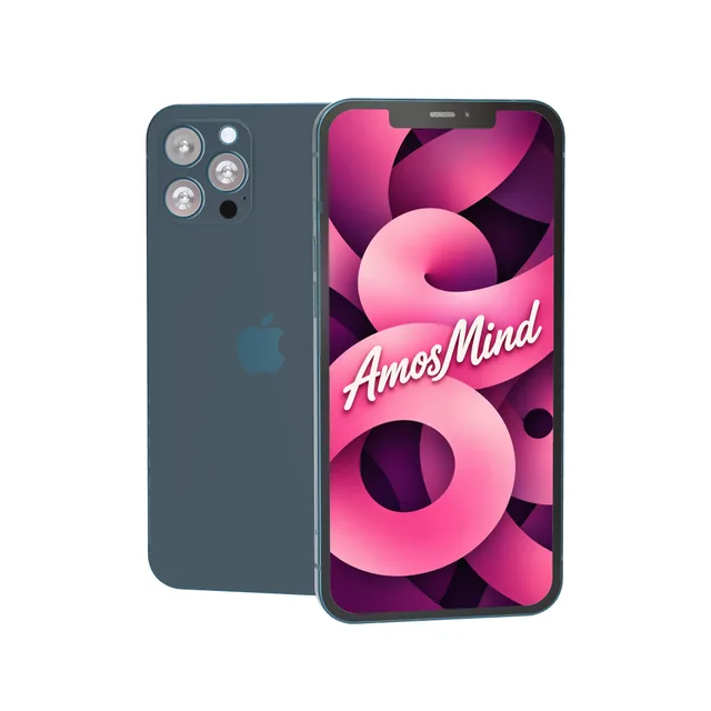 iPhone 12 Pro Max mockup with AmosMind artwork