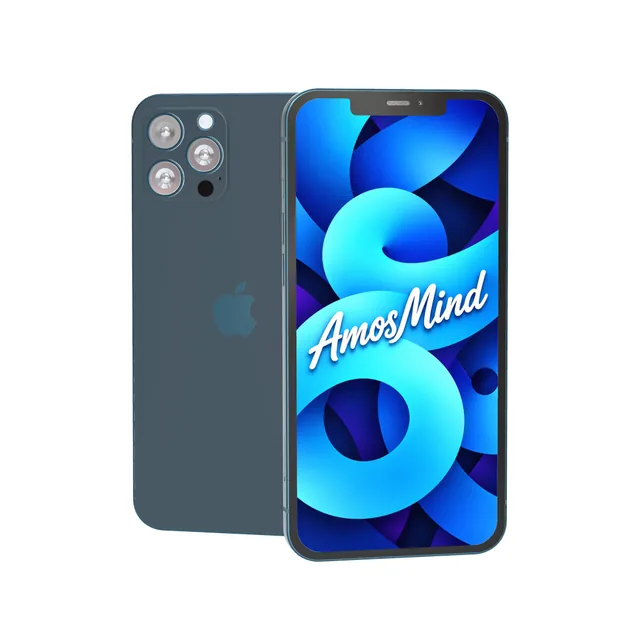 iPhone 12 Pro Max mockup with AmosMind artwork
