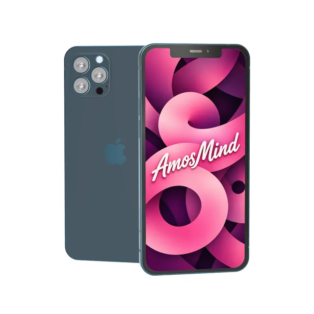 iPhone 12 Pro mockup with AmosMind artwork