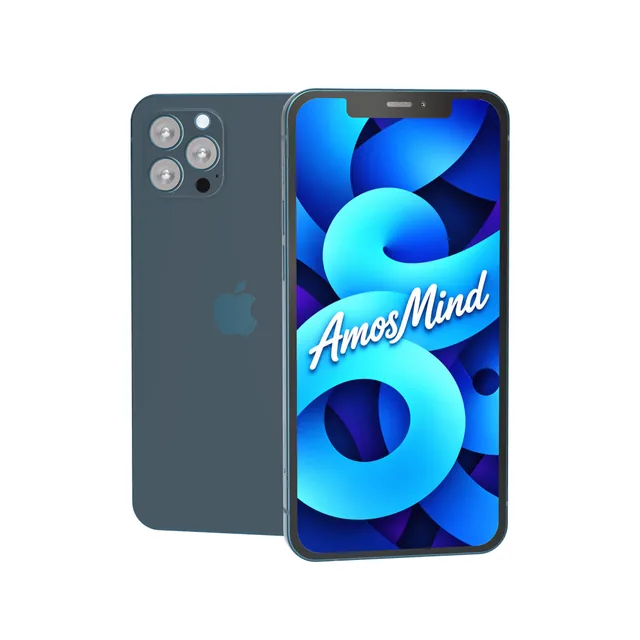 iPhone 12 Pro mockup with AmosMind artwork