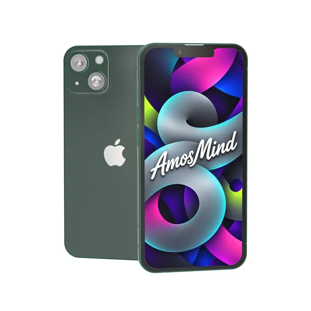 iPhone 13 mockup with AmosMind artwork
