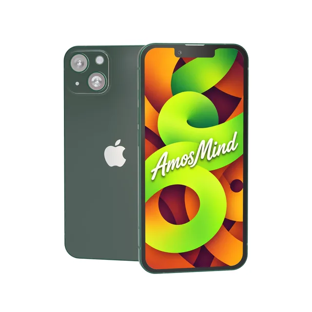 iPhone 13 mockup with AmosMind artwork