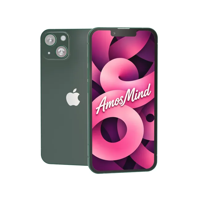 iPhone 13 mockup with AmosMind artwork