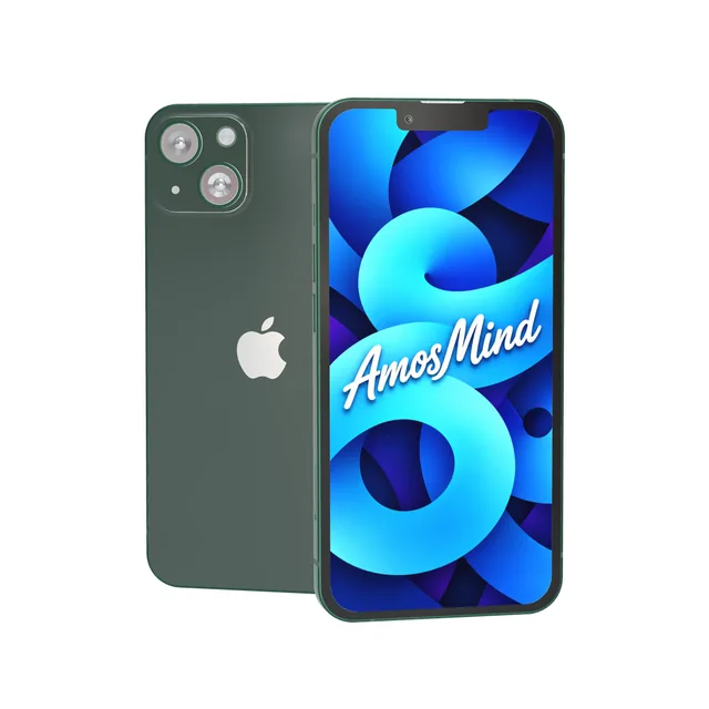 iPhone 13 mockup with AmosMind artwork
