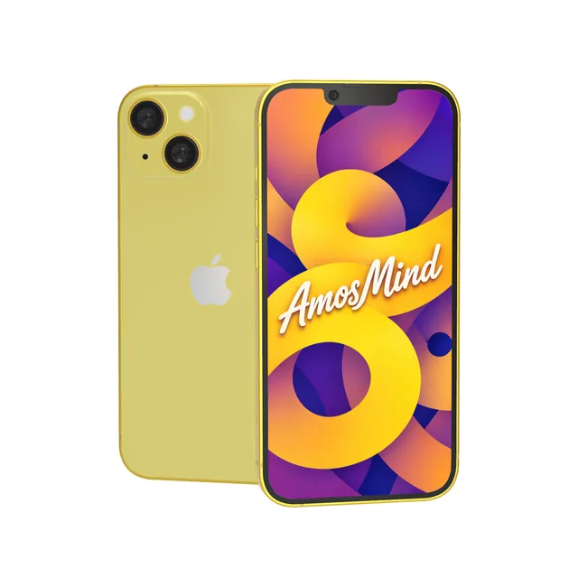 iPhone 14 mockup with AmosMind artwork