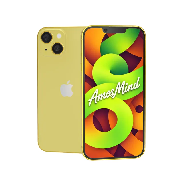 iPhone 14 mockup with AmosMind artwork