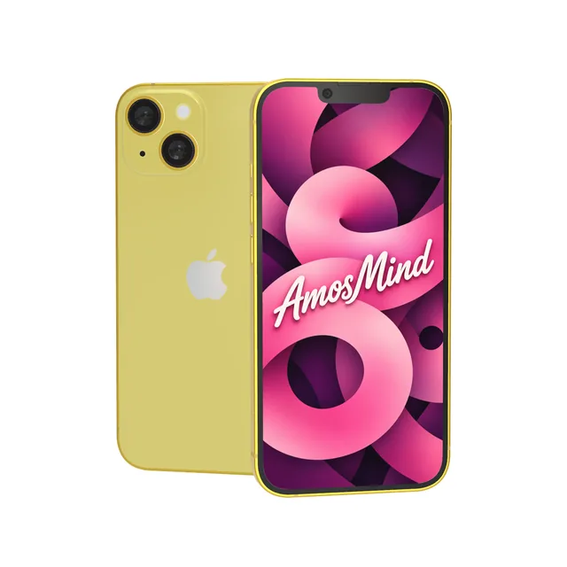 iPhone 14 mockup with AmosMind artwork