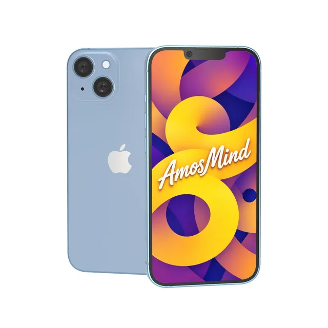 iPhone 14 Plus mockup with AmosMind artwork