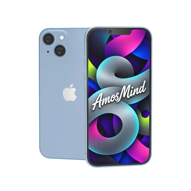 iPhone 14 Plus mockup with AmosMind artwork