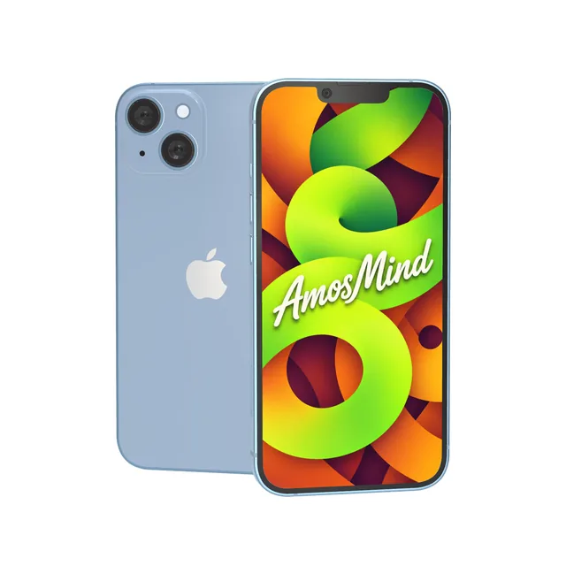 iPhone 14 Plus mockup with AmosMind artwork