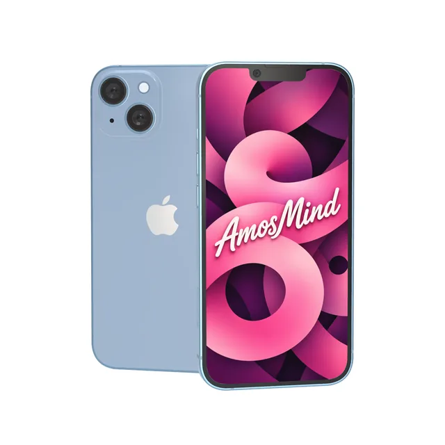 iPhone 14 Plus mockup with AmosMind artwork