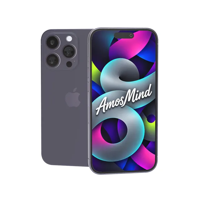 iPhone 14 Pro mockup with AmosMind artwork