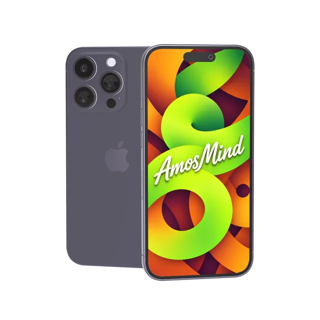 iPhone 14 Pro mockup with AmosMind artwork