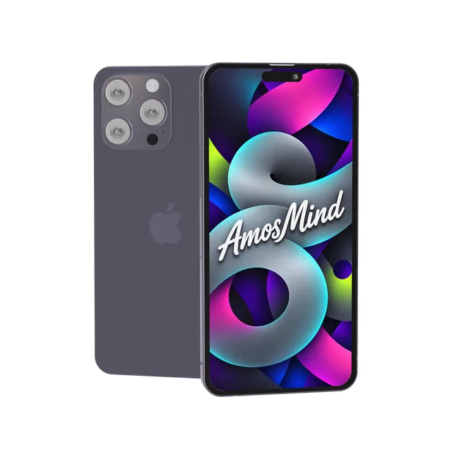 iPhone 14 Pro Max mockup with AmosMind artwork