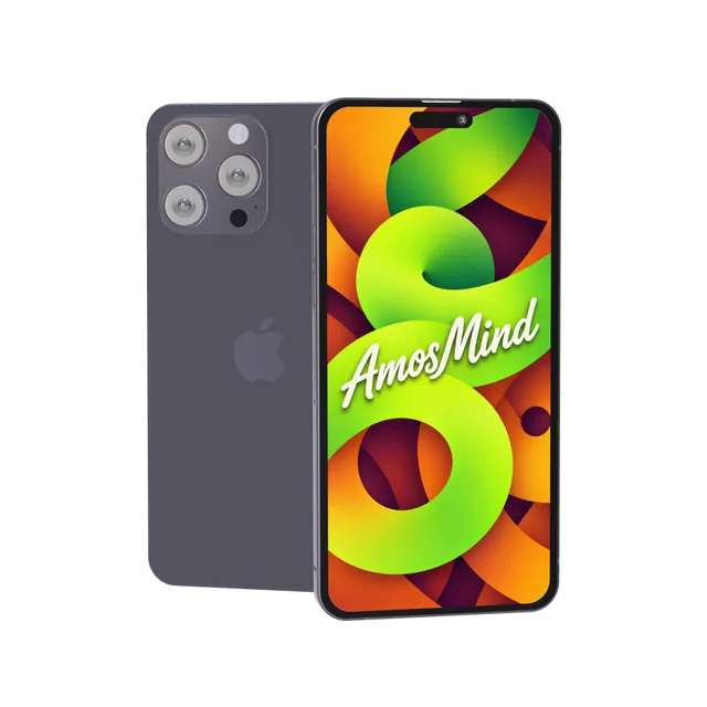 iPhone 14 Pro Max mockup with AmosMind artwork